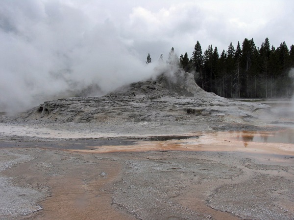 Steam rises from a cone in  Yellowstone National Park