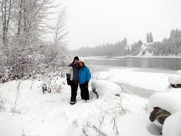 Marlene and E snowshoeing, Flathead River, Montana - RMKK Companion